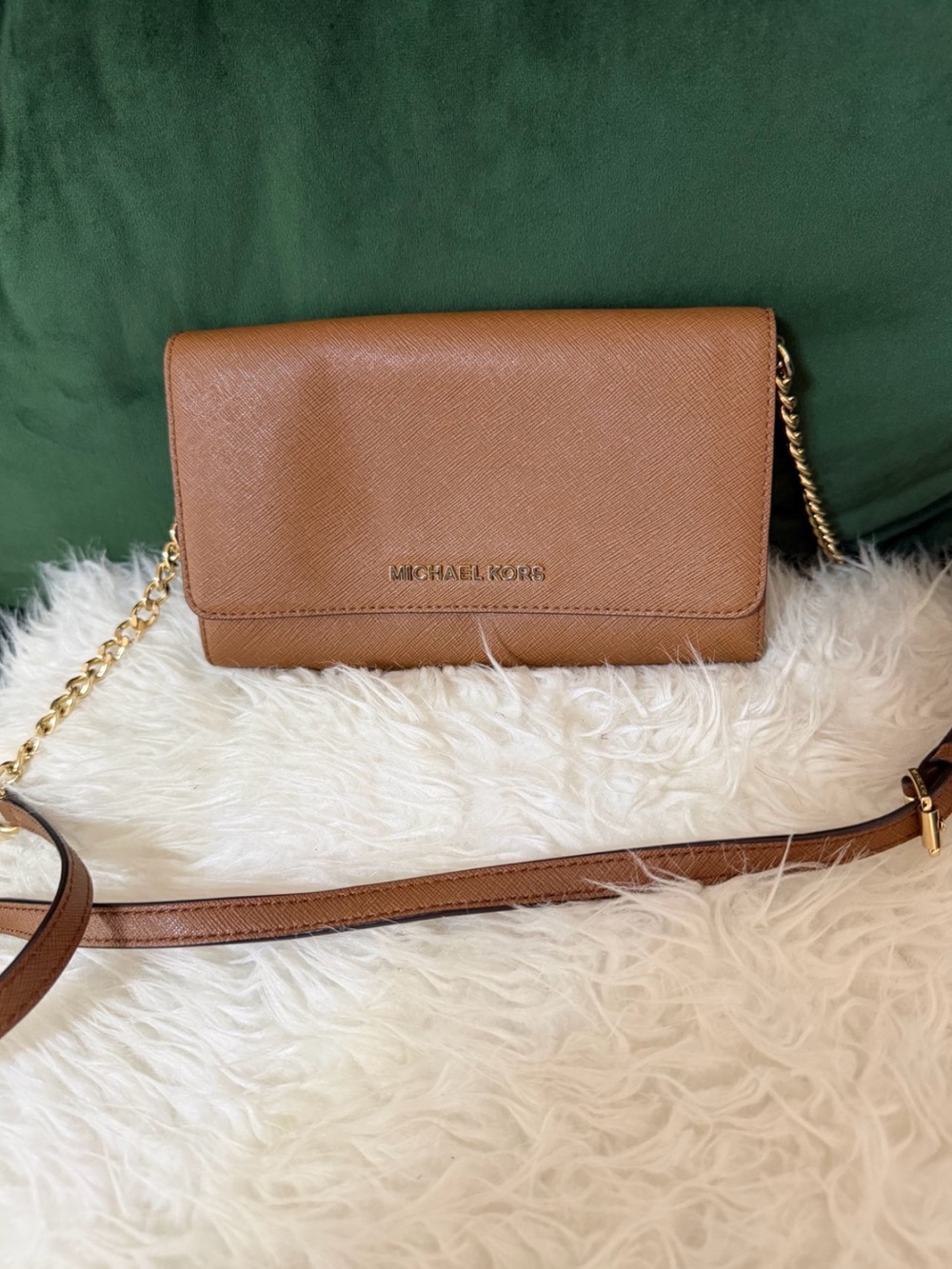 Michael Kors Tan Saffiano Leather Crossbody with Gold Chain